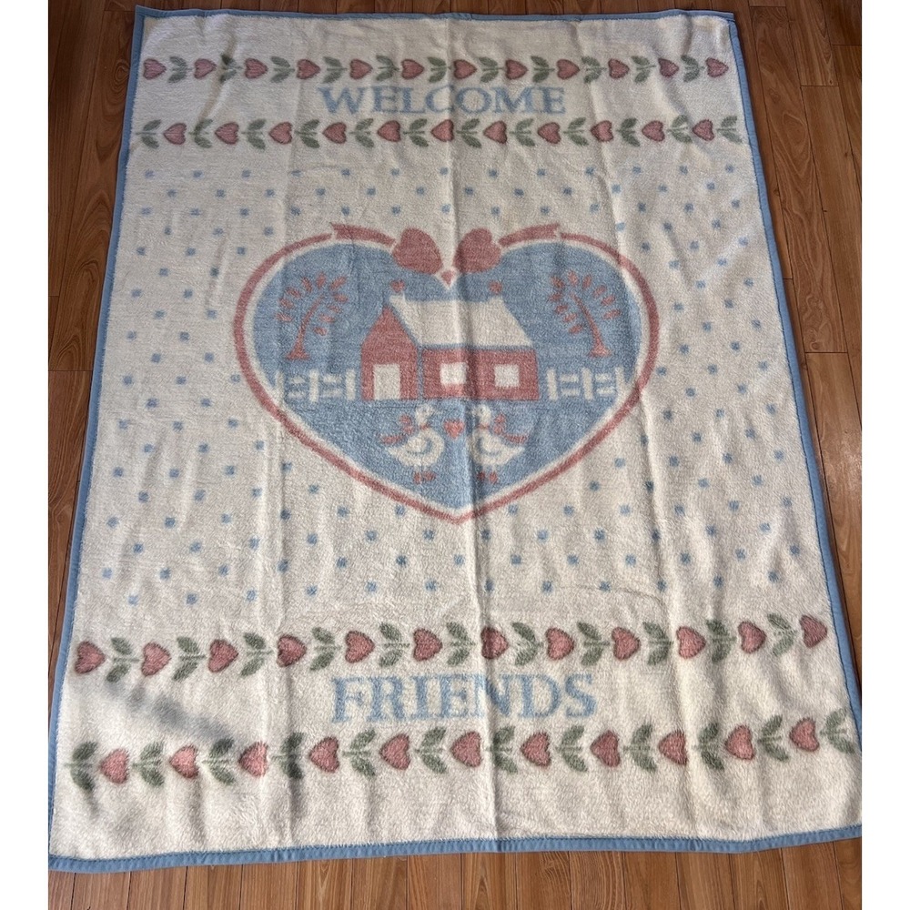 Vintage Biederlack Geese Ducks Blanket Throw Cottagecore Hearts Country Welcome
